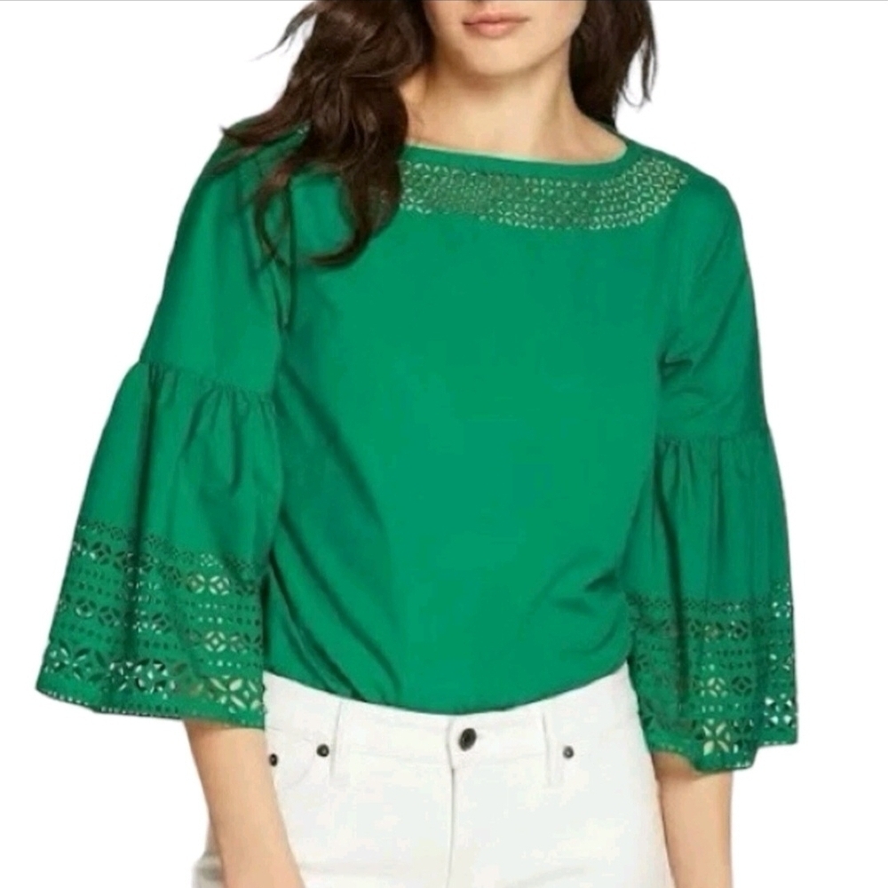 Ralph Lauren S Laser Cut Green Women Top Bell Sleeve Eyelet Blouse Casual Office